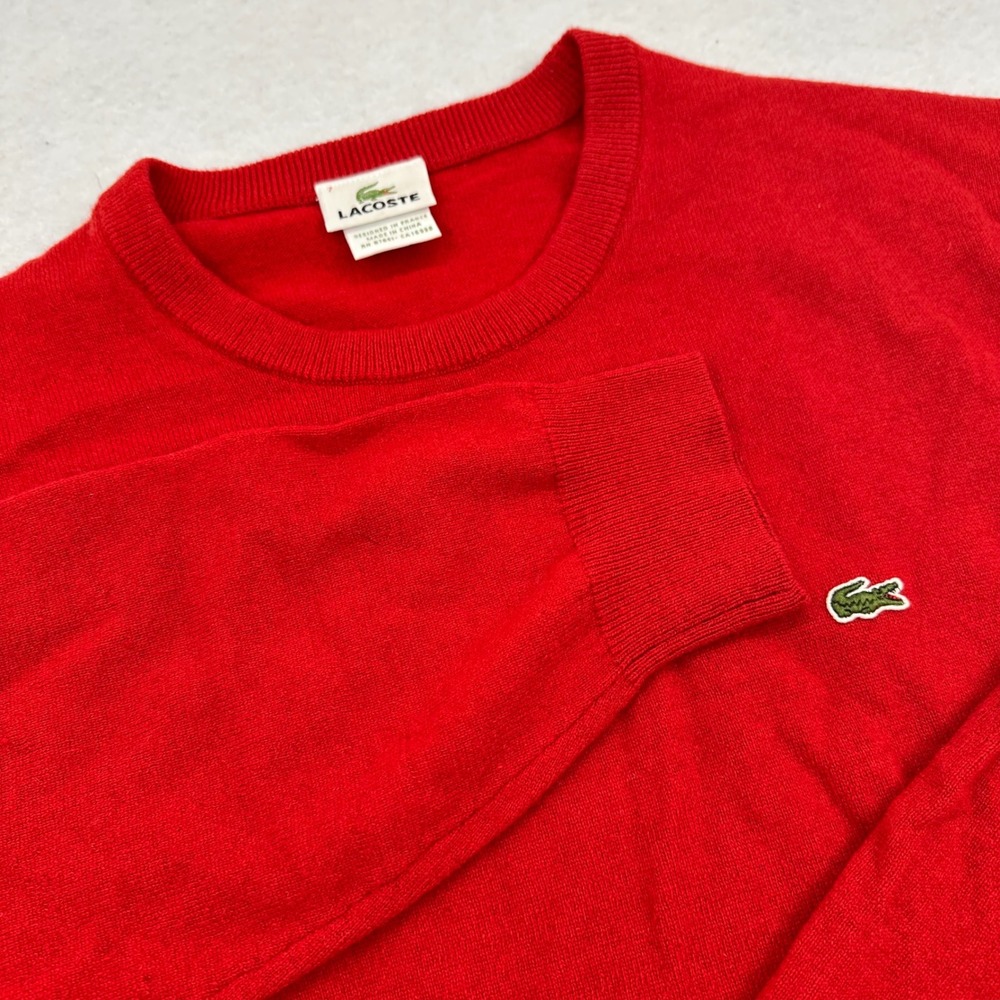 Lacoste Red Pure New Wool Crewneck Sweater Mens Size 7 XL Logo Pullover Soft
